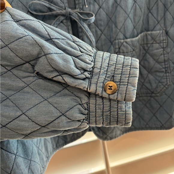 ODA Proyecto Rufina EUC Ruffle Collar Quilted Barn Jacket Denim Chambray M L - Picture 7 of 11